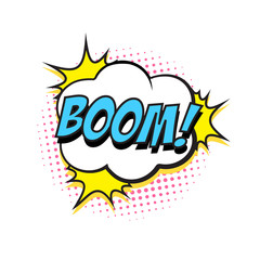 Retro comic speech bubble with colorful halftone shadow on white background. Expression text BOOM. Vector illustration, vintage design, pop art style.
