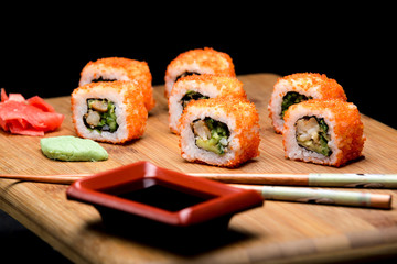 California roll sushi with shrimp, cucumber and avocado.