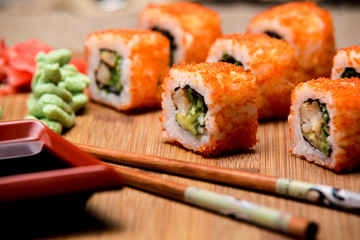 California roll sushi with shrimp, cucumber and avocado.