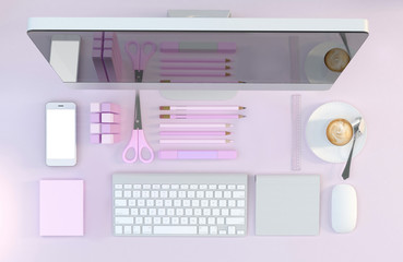 Modern work space with stationery set on pink color background. Top view. Flat lay. 3D illustration