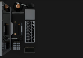 Fototapeta na wymiar Modern work space with stationery set on black color background. Top view. Flat lay. 3D illustration