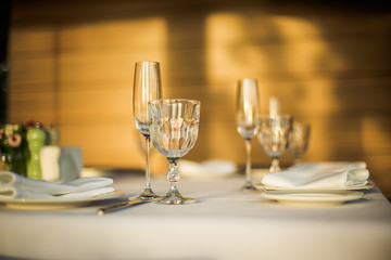 Empty glasses on a background of green grass.