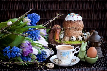 Easter eggs in a basket on a background of spring flowers