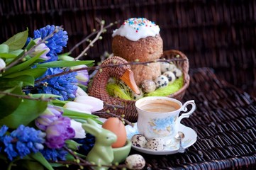 Easter eggs in a basket on a background of spring flowers