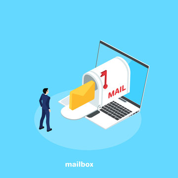 a man in a business suit stands next to a laptop and a mail box, an isometric image