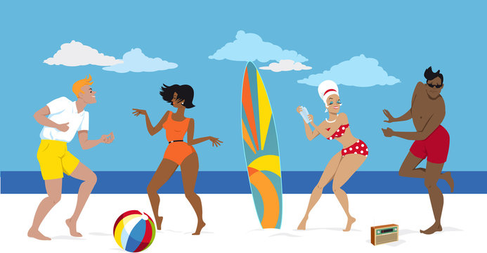 Group of young people in early 1960s swimsuits dancing the Twist on the beach, EPS 8 vector illustration