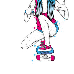 Stylish skater girl. Skateboard. Vector illustration for a postcard or a poster, print for clothes. Street cultures.