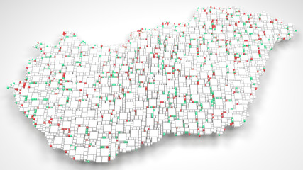 3D Map of Hungary - Europe | 3d Rendering, mosaic of little bricks - White and flag colors