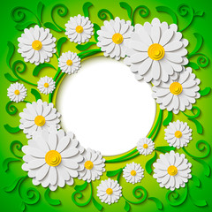 Lovely spring round frame with 3d paper cut out chamomiles. Vector illustration