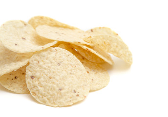 Round Tortilla Corn Chips on a White Background