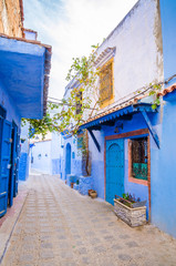 Fototapeta na wymiar Beautiful street of blue medina in city Chefchaouen, Morocco, Africa.