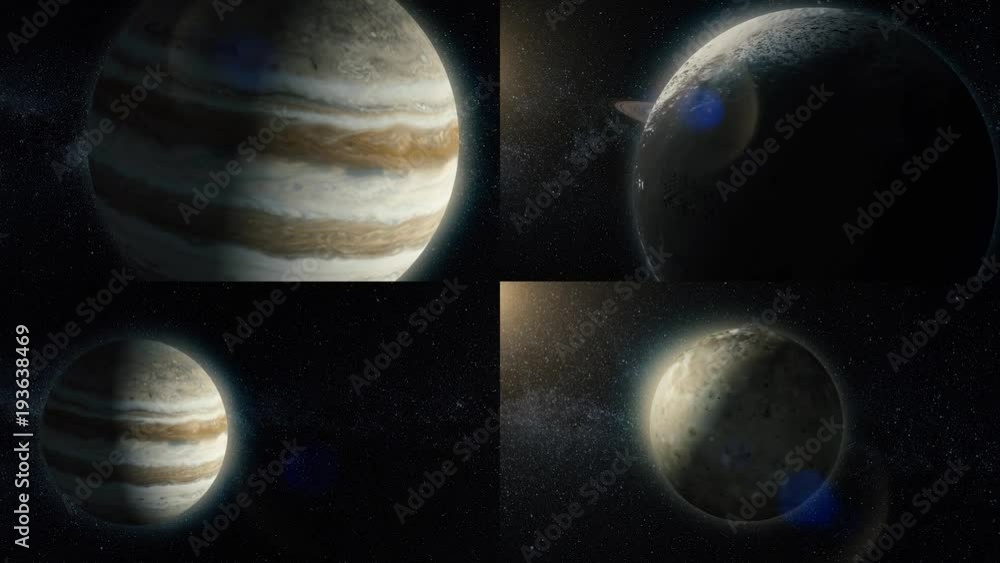 Poster set of animation planets and satellites of solar system. clip. animation of looped space pattern bac