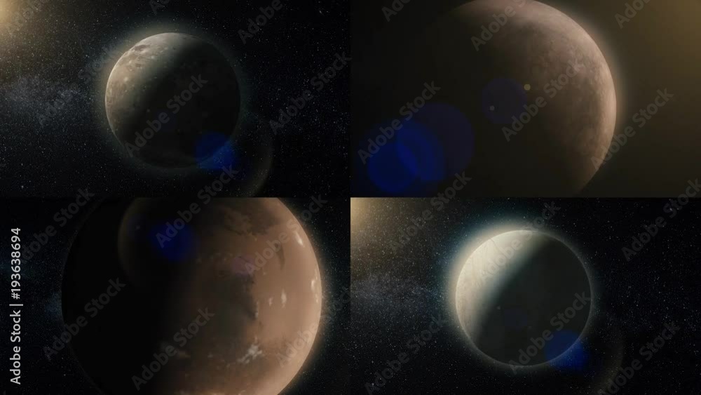 Poster set of animation planets and satellites of solar system. clip. animation of looped space pattern bac