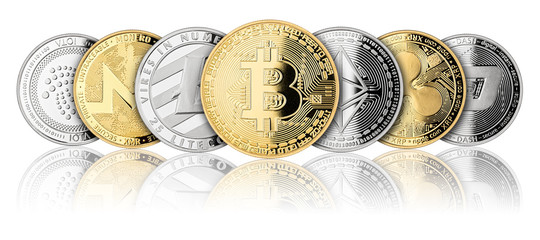 crypto currency coin panorama gold silver bitcoin ethereum monero litecoin dash iota ripple  isolated on white background