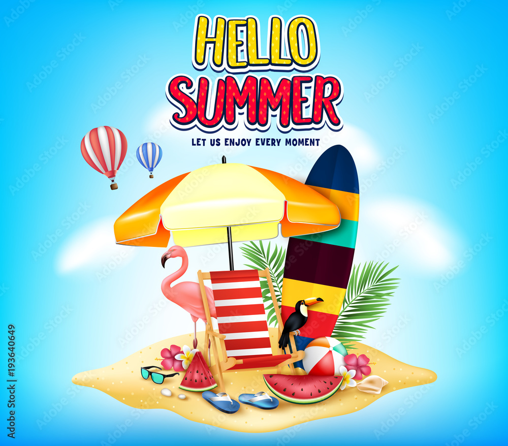 Aufkleber hello summer let us enjoy every moment message in cloudy blue background with realistic toucan, flam