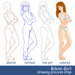 vector illustration Bikini Girl with drawing process step