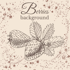 Hand drawn sketch with strawberry on sepia vintage background. Vector illustration