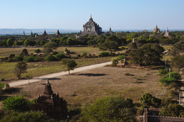 Bagan, Myanmar - FEB 22th 2014: Landscape view with silhouettes of Buddhist monuments tower