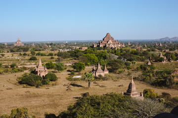 Bagan, Myanmar - FEB 22th 2014: Landscape view with silhouettes of Buddhist monuments tower
