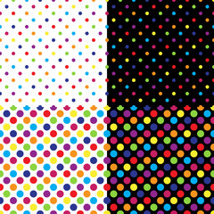 Four different seamless colorful polka dot patterns. Vector illustration.