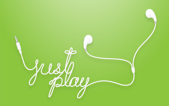 Earphones, Earbud type white color and just play text made from cable isolated on green gradient background, with copy space