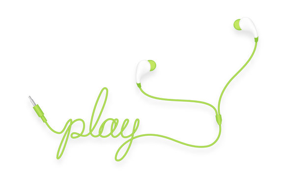 Earphones, In Ear type green color and play text made from cable isolated on white background, with copy space