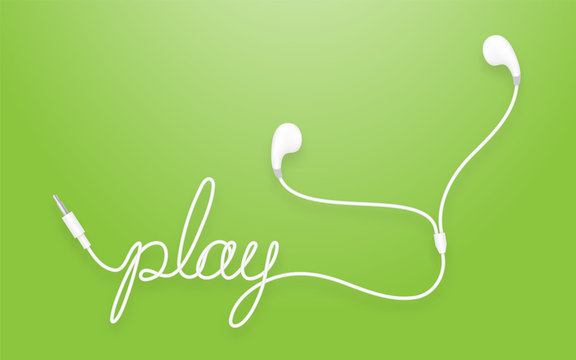 Earphones, Earbud type white color and play text made from cable isolated on green gradient background, with copy space