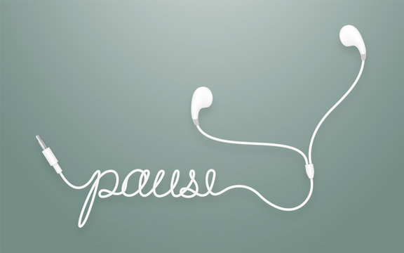 Earphones, Earbud type white color and pause text made from cable isolated on dark green gradient background, with copy space