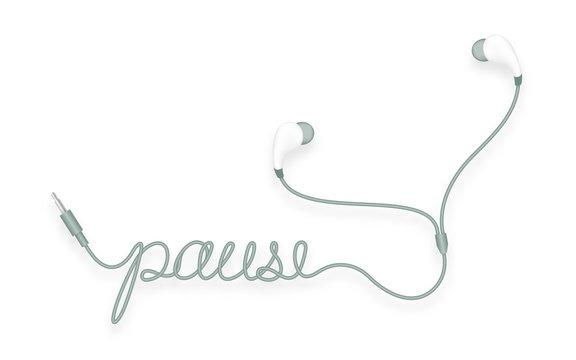 Earphones, In Ear type dark green color and pause text made from cable isolated on white background, with copy space
