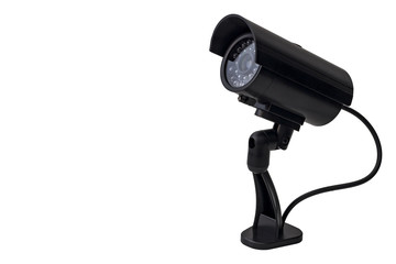 CCTV security and 24 hour surveillance concept with a infrared day and night IP camera isolated on white background with copy space and a clipping path