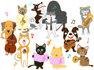 Obraz na płótnie Canvas 猫と犬のコンサート。猫と犬が楽器を演奏している。