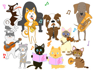 猫と犬のコンサート。猫と犬が楽器を演奏している。