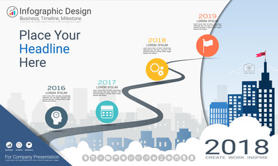 Business infographics template, Milestone timeline or Road map with Process flowchart 4 options, Strategic plan to define company values, Scheduling in project management to make facts and statistics.