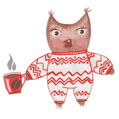 Little owl drawing by watercolor isolated on the white background