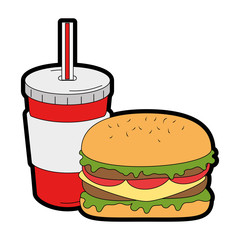 delicious burger with soda vector illustration design