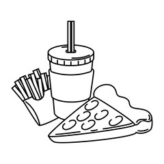delicious pizza portion with soda and french fries vector illustration design
