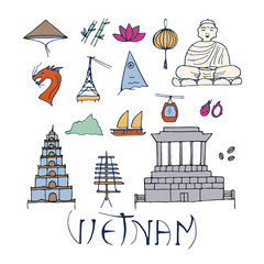 Fototapeta na wymiar Main symbols of Vietnam isolated on white background. Culture of Asia. 