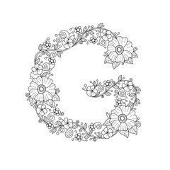 Floral alphabet letter G coloring book for adults. vector illustration.Hand drawn.Doodle style.