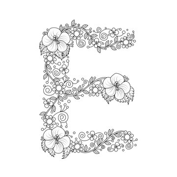 Floral alphabet letter E coloring book for adults. vector illustration.Hand drawn.Doodle style.