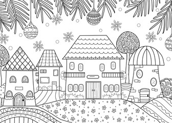 coloring book of winter season home for adult and kids. vector illustration. doodle style. handdrawn.