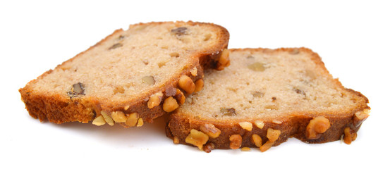 Sliced banana bread on white