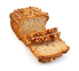 Delicious freshly baked banana bread on white background