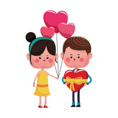 Cute couple with gift box and balloons cartoon vector illustration graphic design