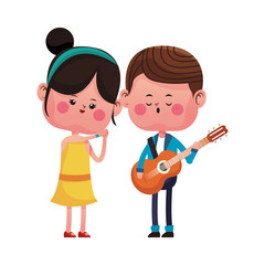 Cute boy playing guitar for his girlfriend vector illustration graphic design