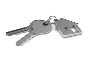 Two keys and trinket house on white background. isolated 3d illustration