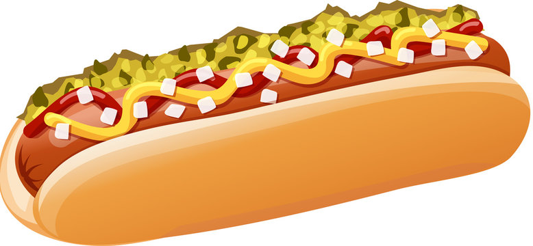 Hot Dog with Relish, Mustard, Ketchup, Onions Vector Illustration