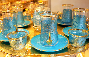 Traditional Turkish tea sets souvenirs on the market.    