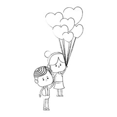 Cute couple flying with balloons cartoon vector illustration graphic design