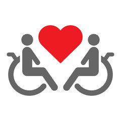 Two disabled persons in wheelchairs holding red heart in thier hands. International Day of Persons with Disabilities. Vector icon.