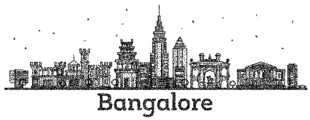 Engraved Bangalore India City Skyline with Black Buildings Isolated on White.